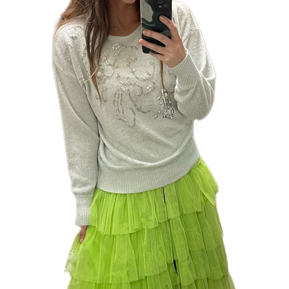 Vtg Embellished Sweater Womens Medium Grey Silver Bead Rhinestones 80's 90’s